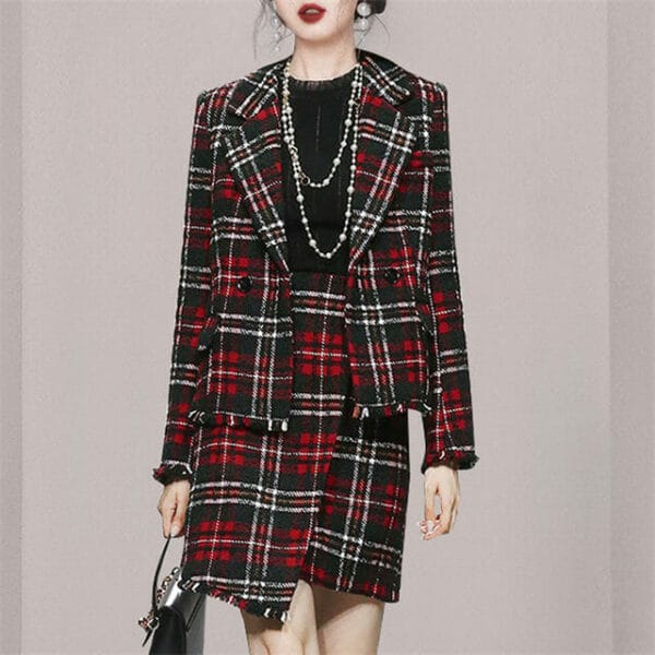 Quality Fashion Tailored Collar Plaids Woolen Two Pieces Dress 3