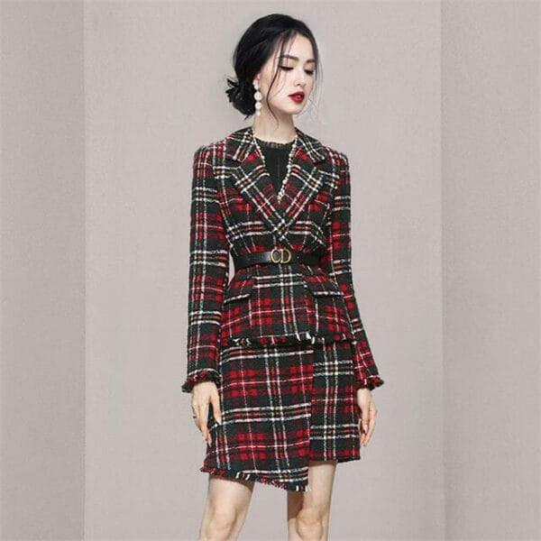 Quality Fashion Tailored Collar Plaids Woolen Two Pieces Dress 2