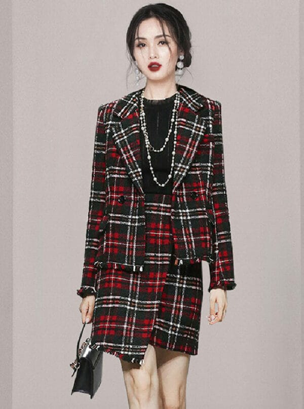 Quality Fashion Tailored Collar Plaids Woolen Two Pieces Dress 1