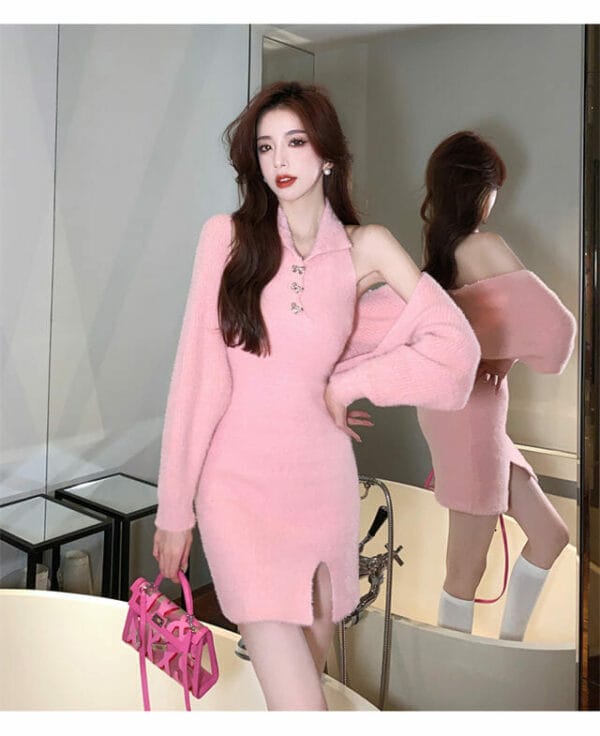 Quality New 2 Colors Batwing Coat with Halter Knitting Dress 5