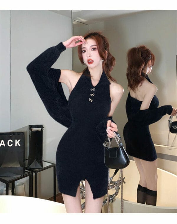 Quality New 2 Colors Batwing Coat with Halter Knitting Dress 2