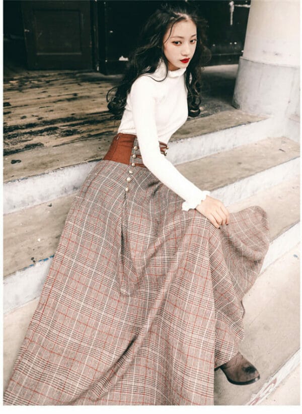 Quality New Knitting Tops with Tie High Waist Plaids Long Skirt 5