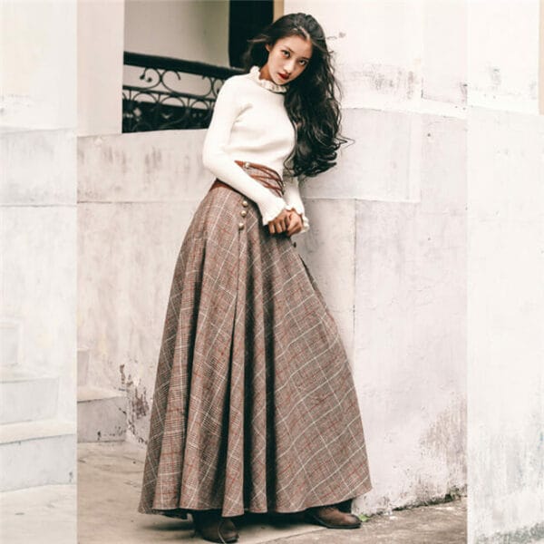 Quality New Knitting Tops with Tie High Waist Plaids Long Skirt 3