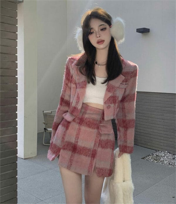 Quality New Tailored Collar Plaids Thick Woolen Dress Set 2