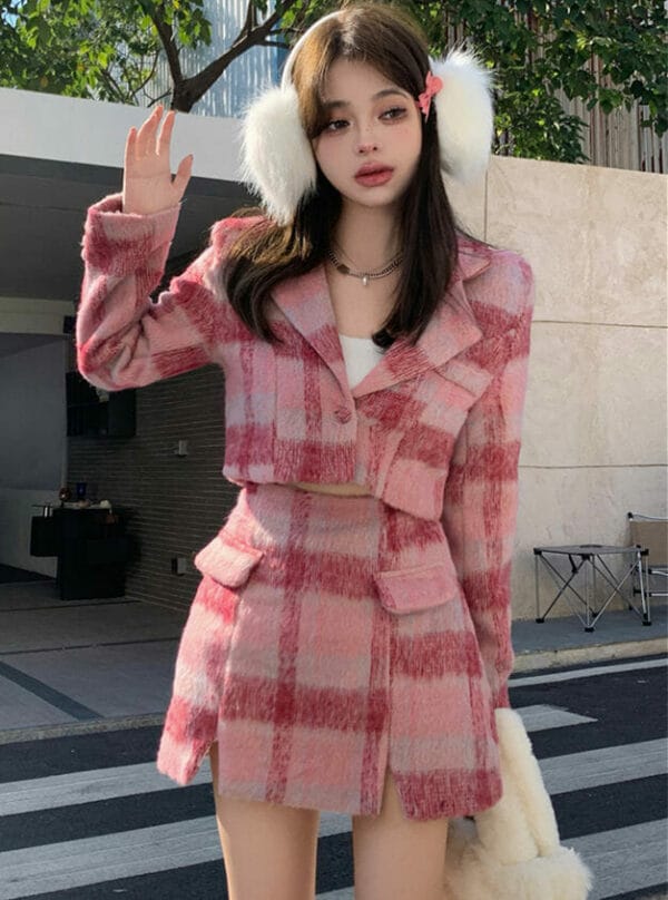 Quality New Tailored Collar Plaids Thick Woolen Dress Set 1