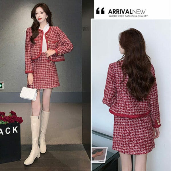 Quality OL 2 Colors Houndstooth Tweed Jacket with Short Skirt 6