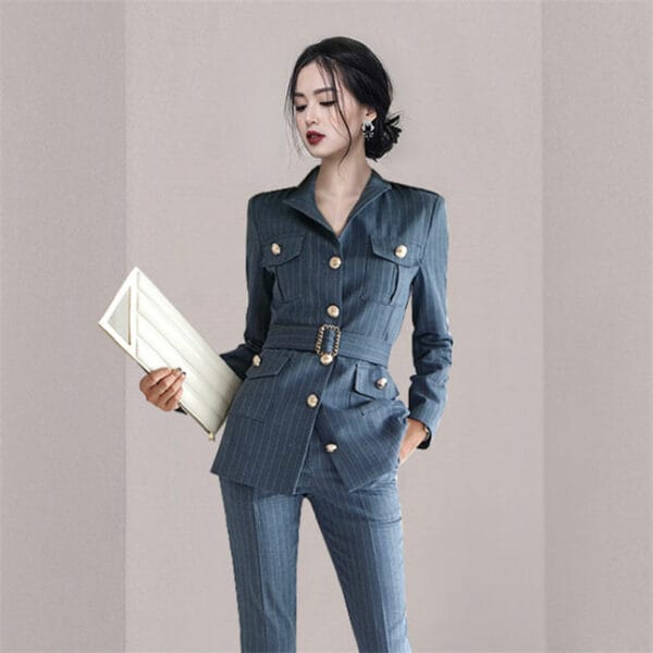 Quality OL Single-breasted Belt Waist Stripes Long Suits 3