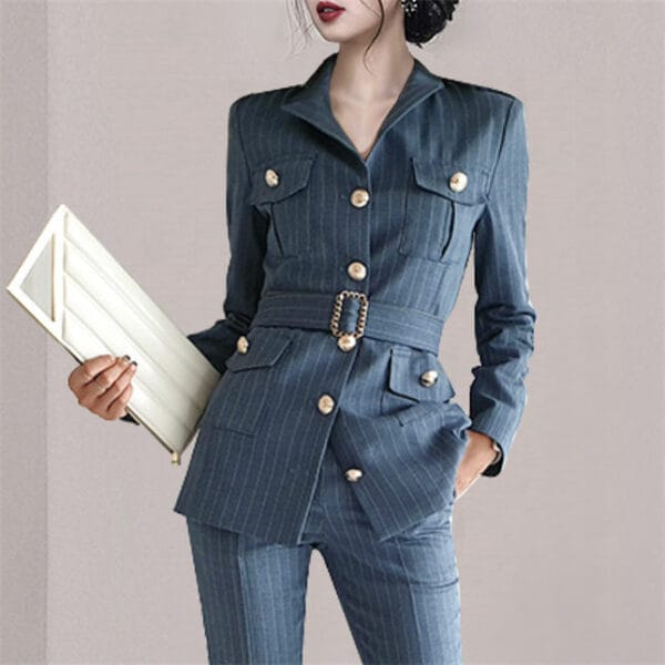 Quality OL Single-breasted Belt Waist Stripes Long Suits 2