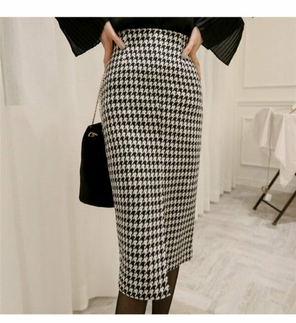 Quality OL Tailored Collar Houndstooth Slim Dress Set 5