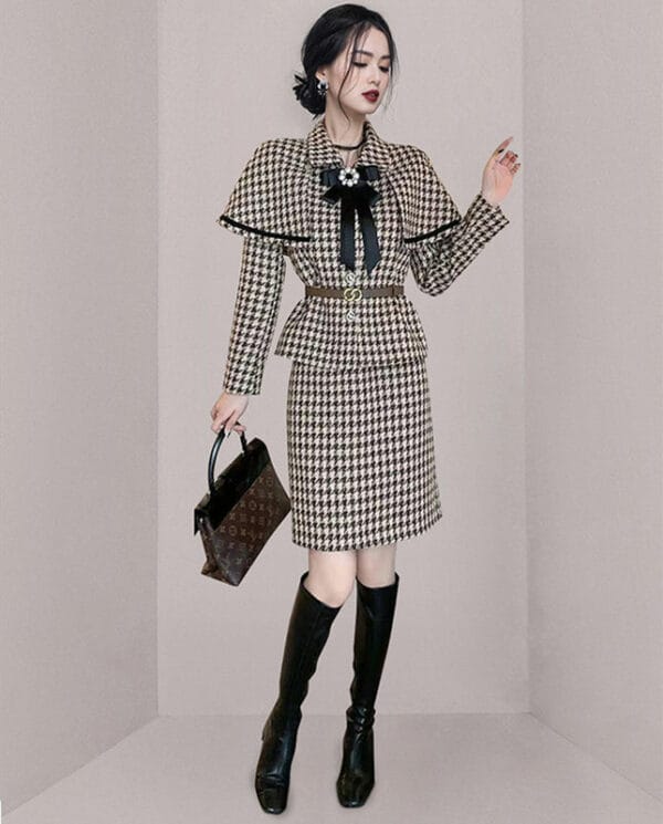 Quality Winter New Houndstooth Woolen Two Pieces Dress 3