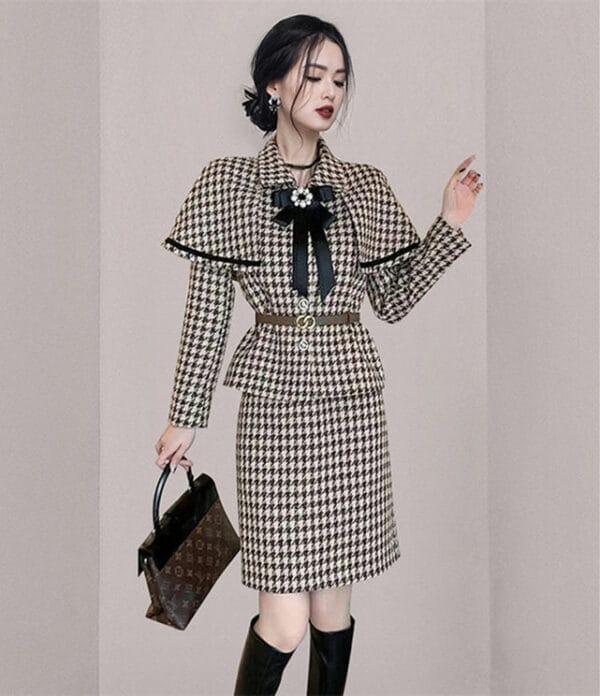 Quality Winter New Houndstooth Woolen Two Pieces Dress 2