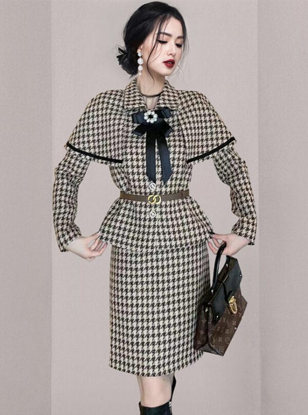 Quality Winter New Houndstooth Woolen Two Pieces Dress 1