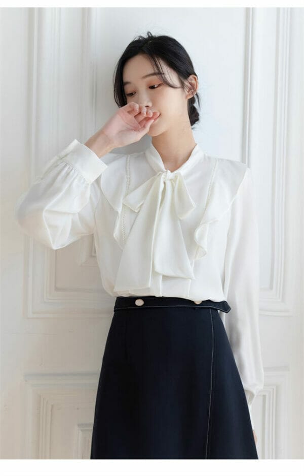 Retro 2 Colors Tie Bowknot Beads Flouncing Blouse 5