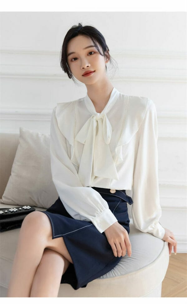 Retro 2 Colors Tie Bowknot Beads Flouncing Blouse 4