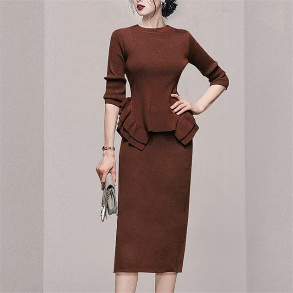 Retro Autumn Flouncing Waist Knitting Slim Dress Set 4