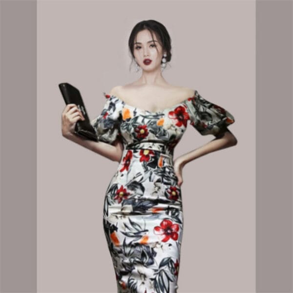 Retro Boat Neck Puff Sleeve Flowers Dress Set 4