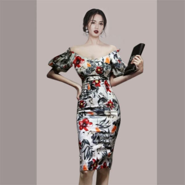 Retro Boat Neck Puff Sleeve Flowers Dress Set 3