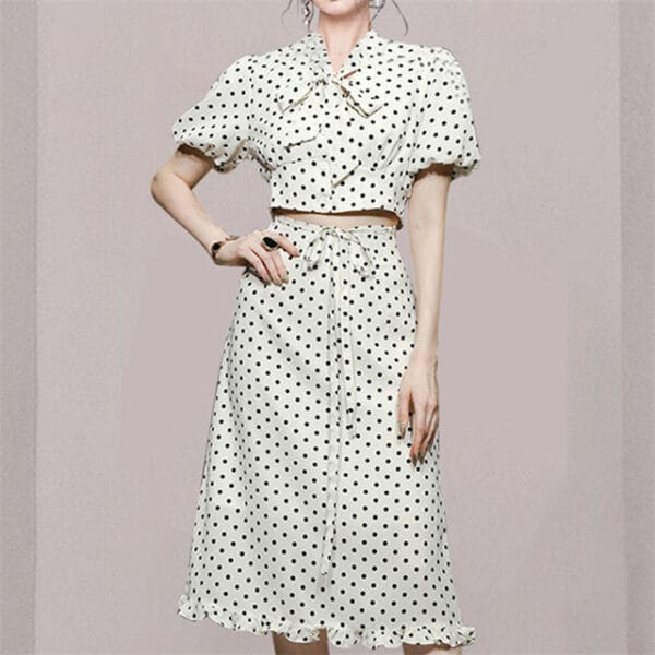 Retro Bowknot Blouse with Dots Fishtail Skirt 4