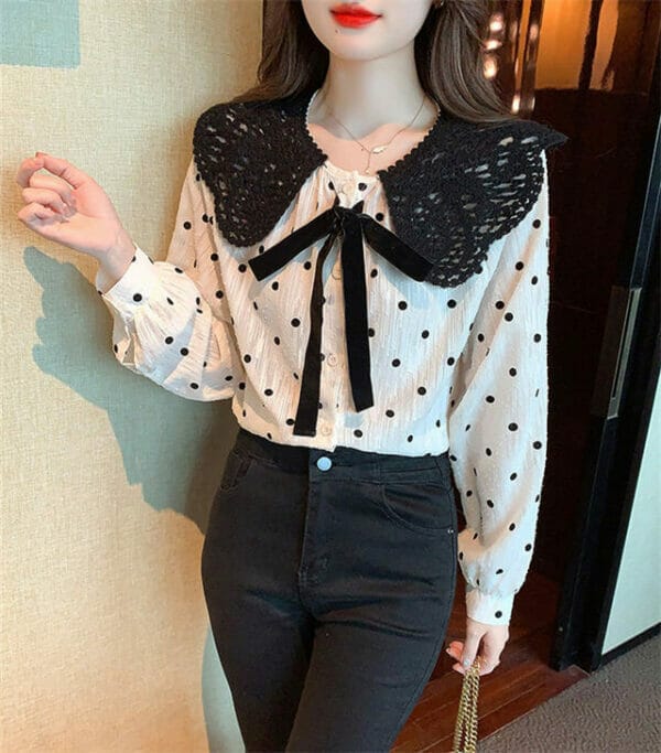 Retro Bowknot Doll Collar Dots Puff Sleeve Blouse 5