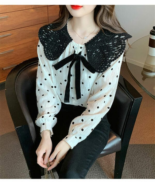 Retro Bowknot Doll Collar Dots Puff Sleeve Blouse 4