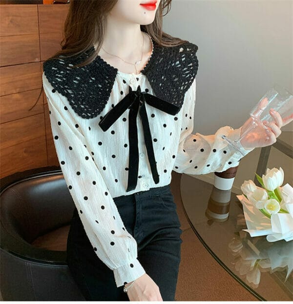 Retro Bowknot Doll Collar Dots Puff Sleeve Blouse 3