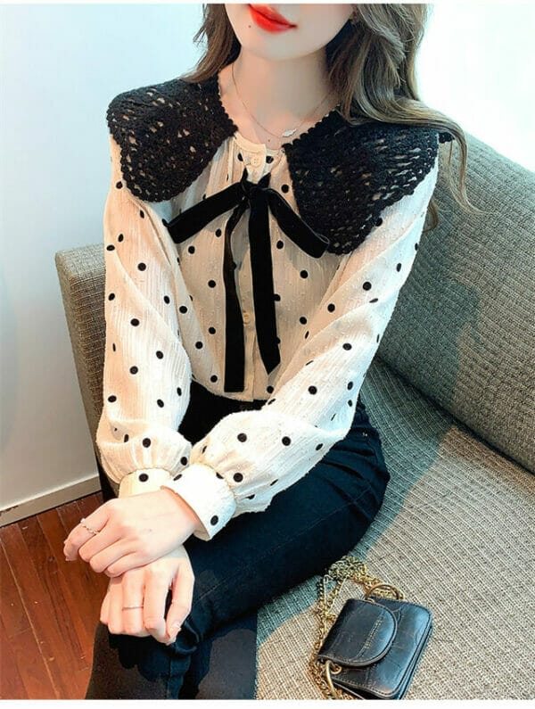 Retro Bowknot Doll Collar Dots Puff Sleeve Blouse 2