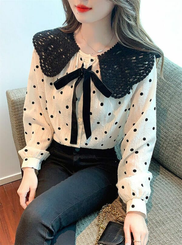 Retro Bowknot Doll Collar Dots Puff Sleeve Blouse 1