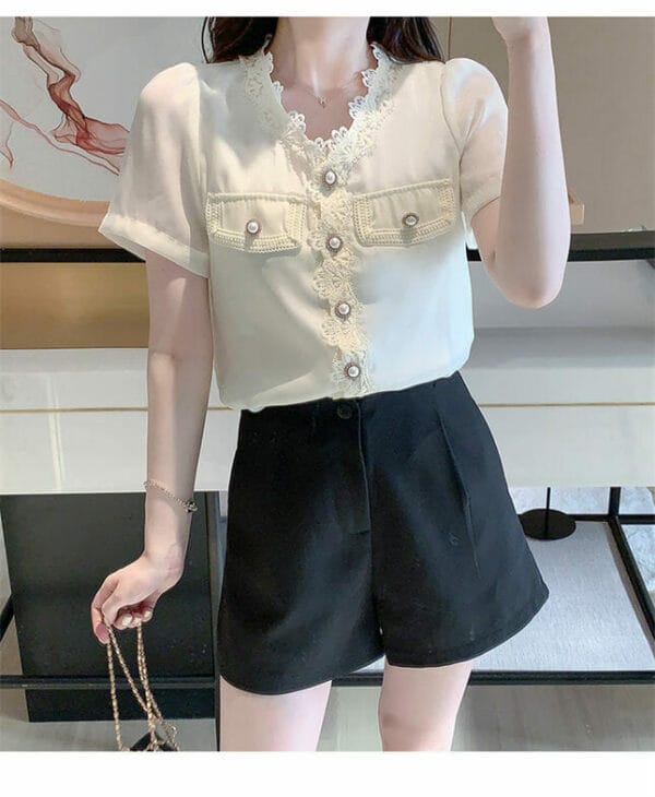 Retro Charming Buttons Lace V-neck Short Sleeve Blouse 4