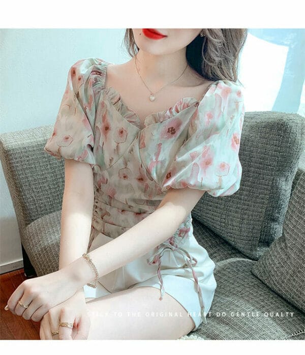 Retro Charming Draw-string Flowers Puff Sleeve Chiffon Blouse 4