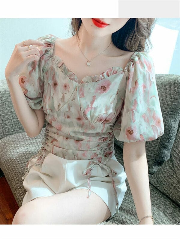 Retro Charming Draw-string Flowers Puff Sleeve Chiffon Blouse 3