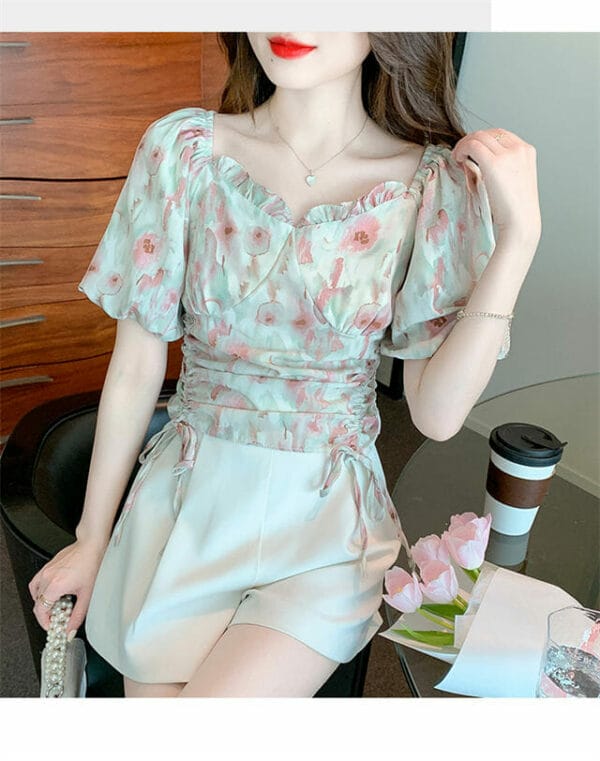 Retro Charming Draw-string Flowers Puff Sleeve Chiffon Blouse 2