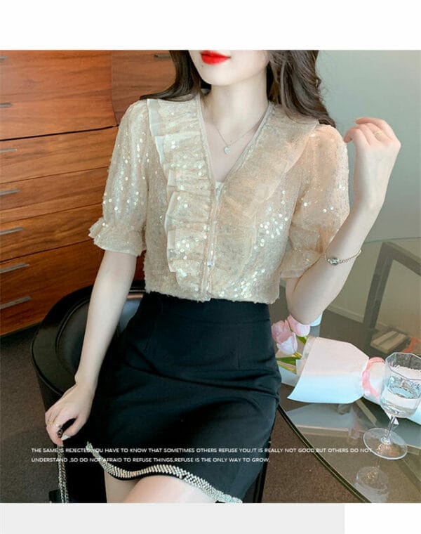 Retro Charming Flouncing Sequins V-neck Puff Sleeve Blouse 5