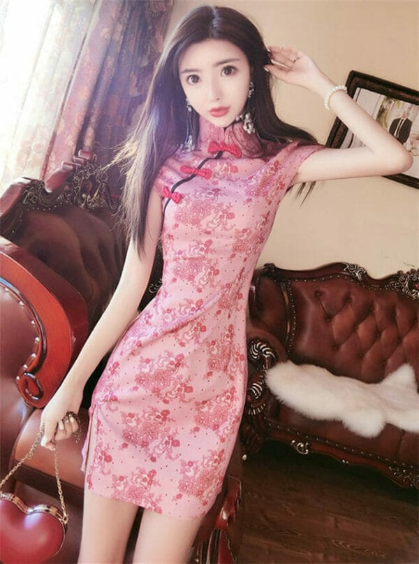 Retro Charming Stand Collar Flowers Slim Cheongsam Dress 1