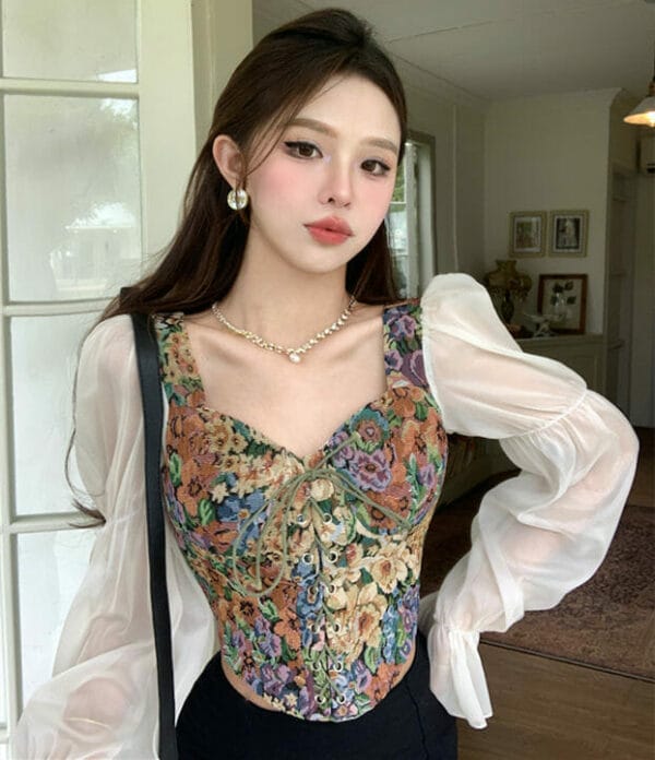 Retro Charming Tie Square Collar Flowers Puff Sleeve Blouse 5