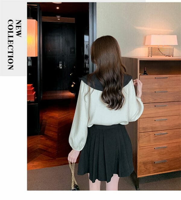 Retro Color Block Doll Collar Puff Sleeve Blouse 5