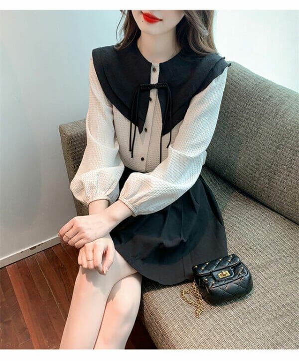 Retro Color Block Doll Collar Puff Sleeve Blouse 4