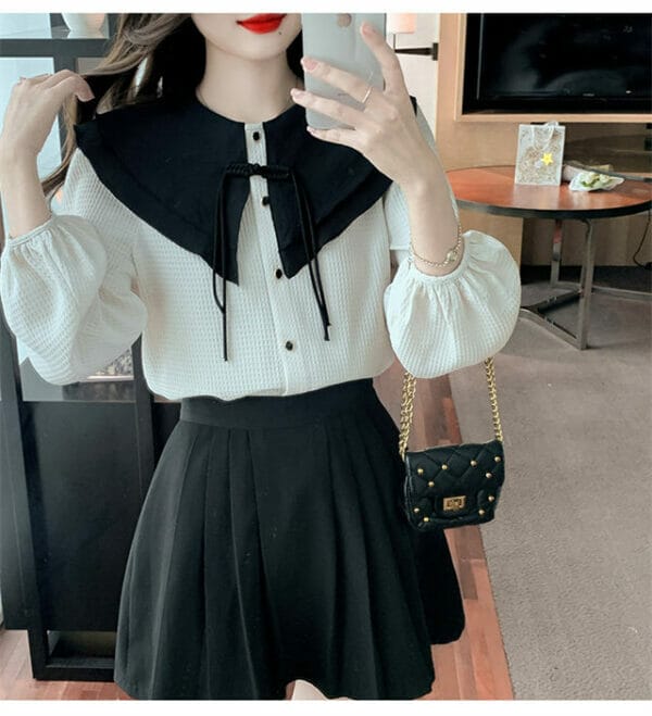 Retro Color Block Doll Collar Puff Sleeve Blouse 3