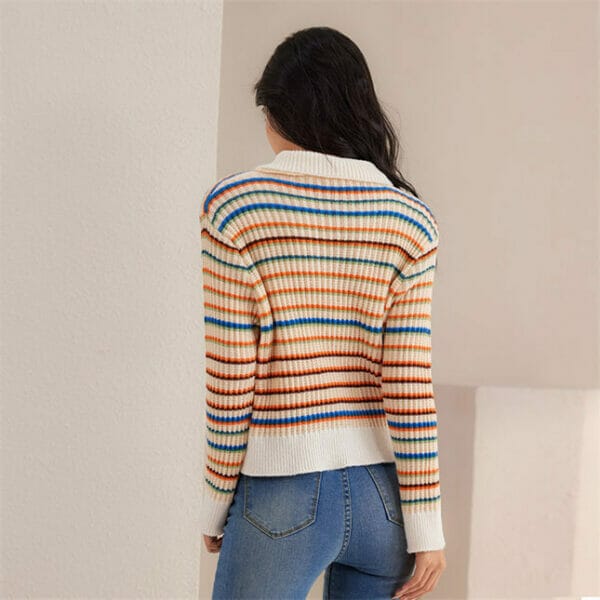 Retro Doll Collar Buttons Open Stripes Knit T-shirt 5