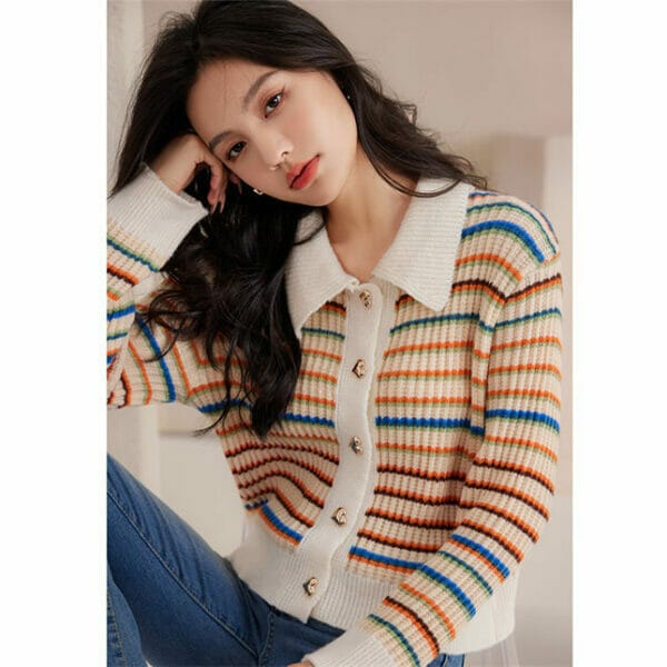 Retro Doll Collar Buttons Open Stripes Knit T-shirt 4