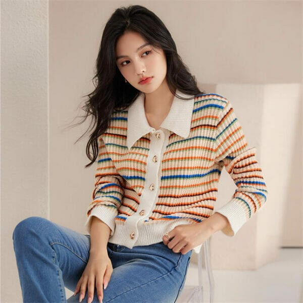 Retro Doll Collar Buttons Open Stripes Knit T-shirt 3