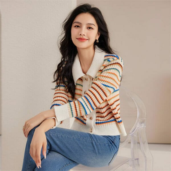 Retro Doll Collar Buttons Open Stripes Knit T-shirt 2