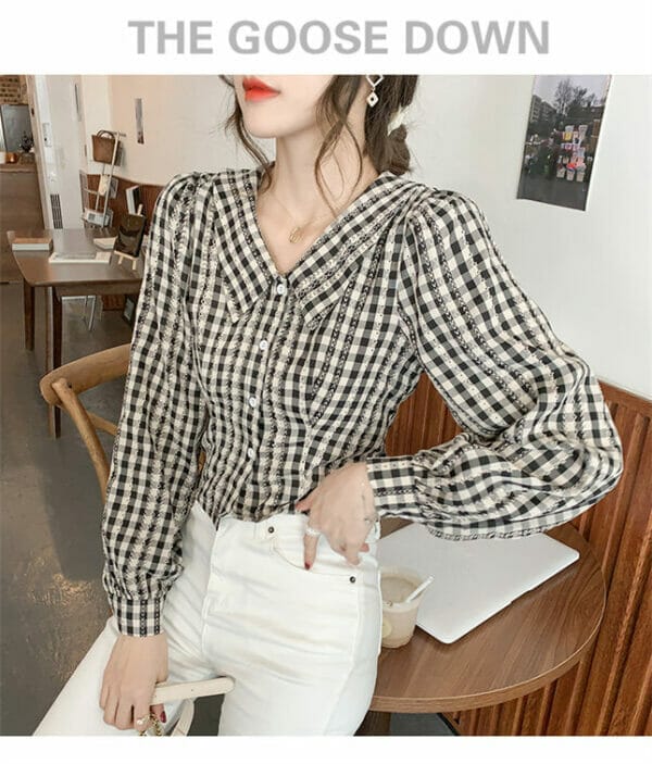 Retro Doll Collar Plaids Puff Sleeve Blouse 3