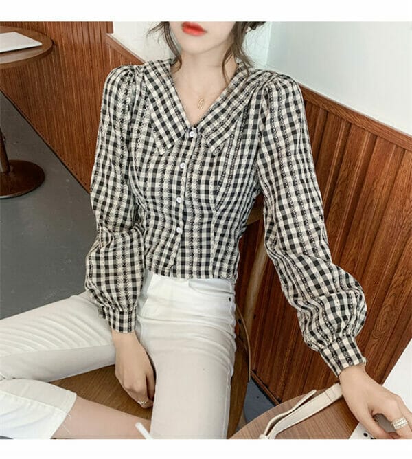 Retro Doll Collar Plaids Puff Sleeve Blouse 2