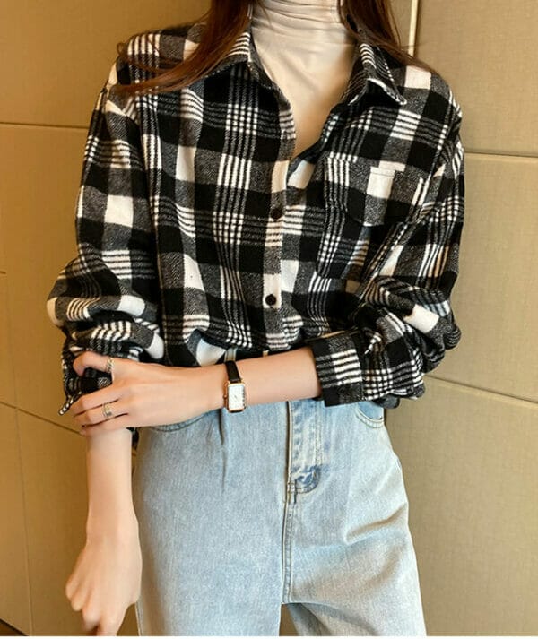 Retro Fashion 2 Colors Plaids Shirt Collar Loosen Blouse 3