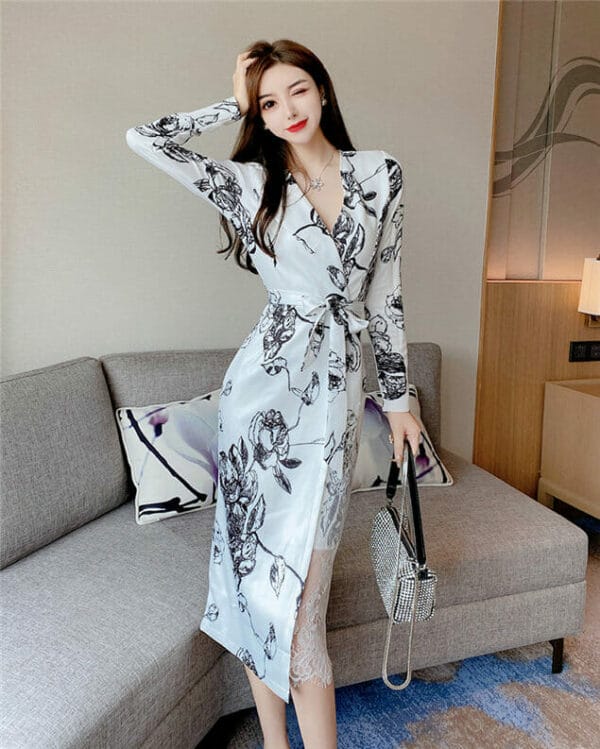 Retro Fashion 2 Colors Tie Waist Flowers Long Dress 5