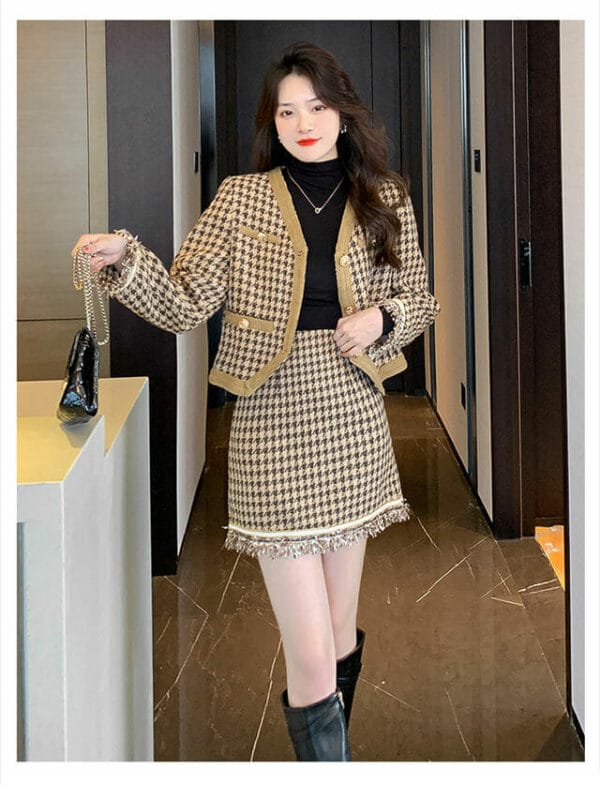 Retro Fashion Buttons V-neck Houndstooth Tweed Two Pieces Dress 4