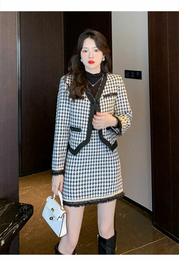 Retro Fashion Buttons V-neck Houndstooth Tweed Two Pieces Dress 2