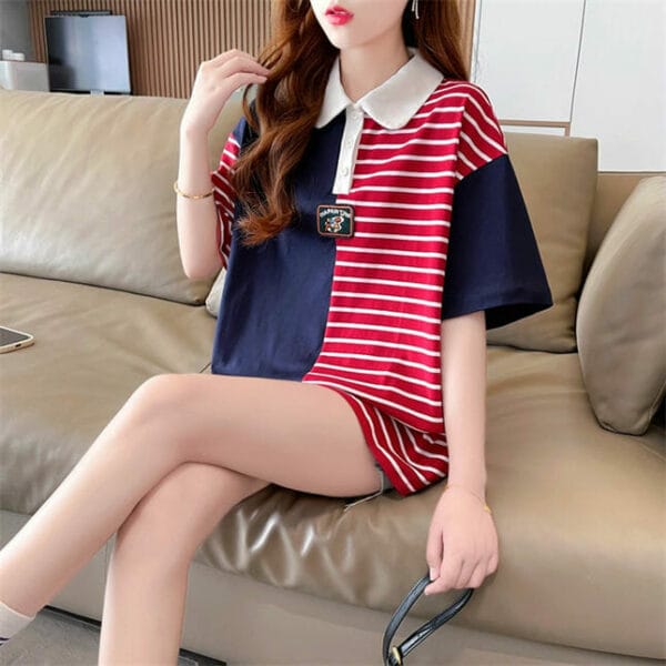 Retro Fashion Color Block Stripes Loosen Cotton T-shirt 4