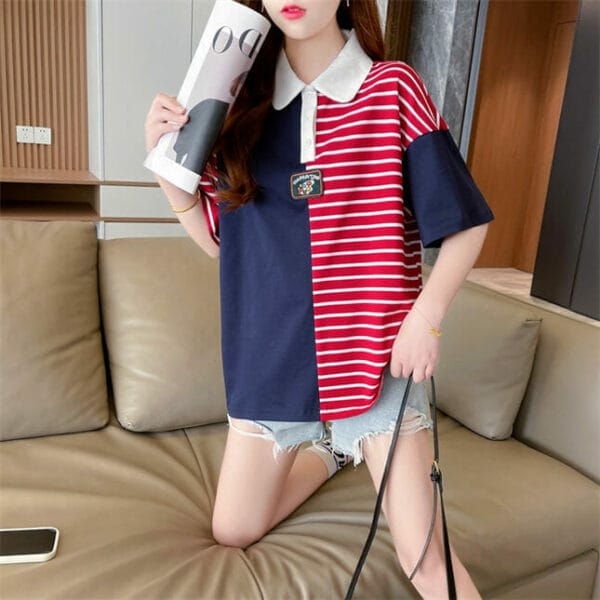 Retro Fashion Color Block Stripes Loosen Cotton T-shirt 3