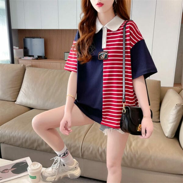 Retro Fashion Color Block Stripes Loosen Cotton T-shirt 2